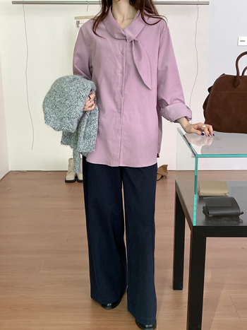 Γυναικείο πουκάμισο από βαμβάκι με λαιμό φουλάρι, χαλαρή γραμμή, μακριά μανίκια, μεσαίο μήκος, ιαπωνο-κορεατικό χαλαρό στυλ