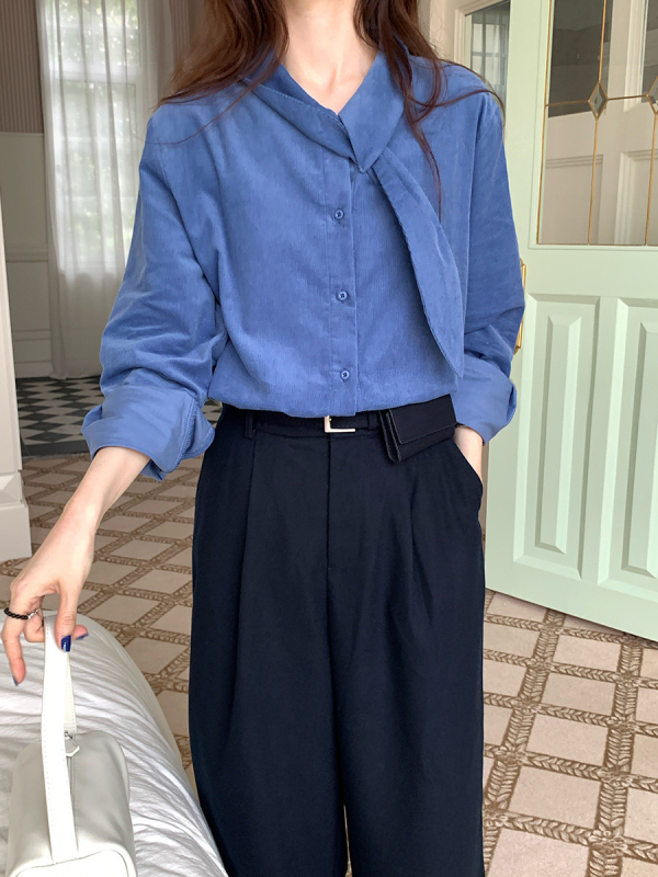 Γυναικείο πουκάμισο από βαμβάκι με λαιμό φουλάρι, χαλαρή γραμμή, μακριά μανίκια, μεσαίο μήκος, ιαπωνο-κορεατικό χαλαρό στυλ