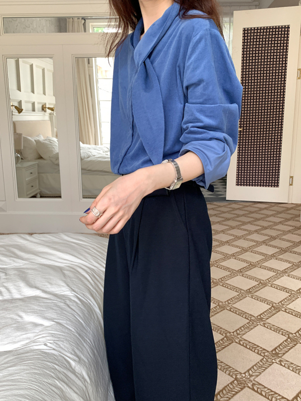 Γυναικείο πουκάμισο από βαμβάκι με λαιμό φουλάρι, χαλαρή γραμμή, μακριά μανίκια, μεσαίο μήκος, ιαπωνο-κορεατικό χαλαρό στυλ