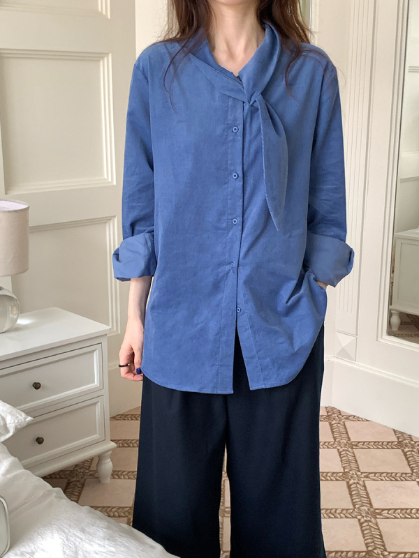 Γυναικείο πουκάμισο από βαμβάκι με λαιμό φουλάρι, χαλαρή γραμμή, μακριά μανίκια, μεσαίο μήκος, ιαπωνο-κορεατικό χαλαρό στυλ