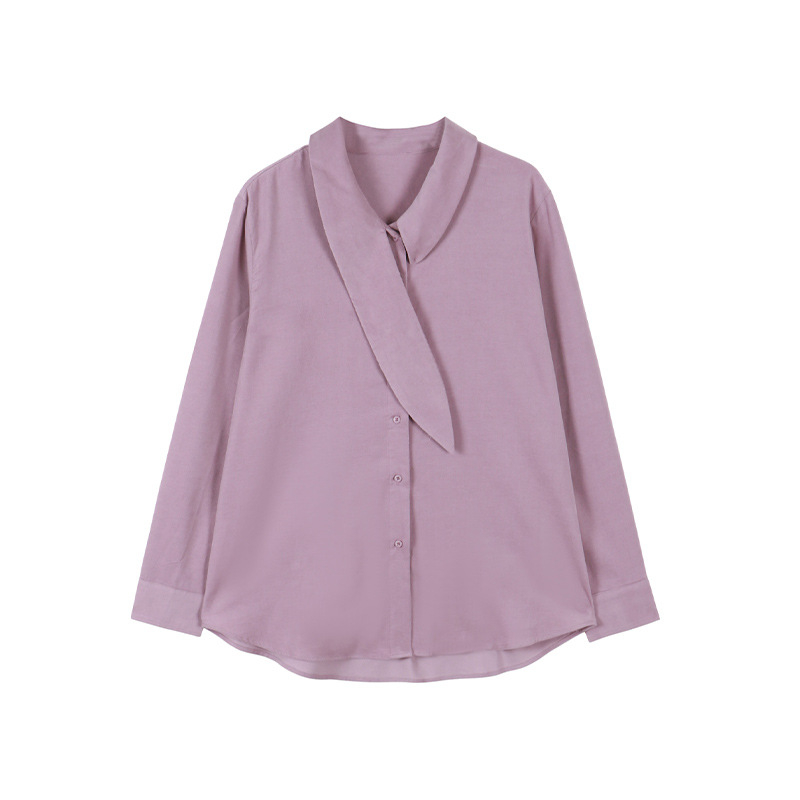 Γυναικείο πουκάμισο από βαμβάκι με λαιμό φουλάρι, χαλαρή γραμμή, μακριά μανίκια, μεσαίο μήκος, ιαπωνο-κορεατικό χαλαρό στυλ