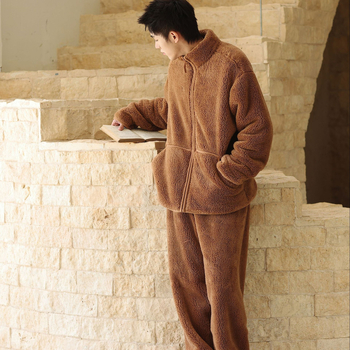 Set de pijamale pentru bărbați, din catifea caldă îngroșată, stil cardigan casual, cu guler stand, țesătură extra groasă (401–500 g/m2)