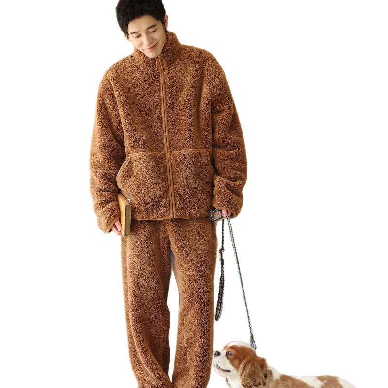 Set de pijamale pentru bărbați, din catifea caldă îngroșată, stil cardigan casual, cu guler stand, țesătură extra groasă (401–500 g/m2)