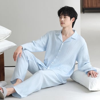 Muški pidžama u kardigan stilu, 100% pamuk, reverasti ovratnik, dugi rukavi, srednje težine 141-160 g/m², prozračan i udoban za dom i vanjsku upotrebu, pogodna za proljeće i jesen.