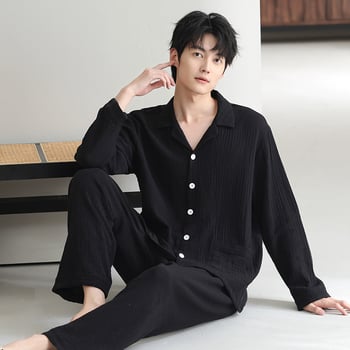 Muški pidžama u kardigan stilu, 100% pamuk, reverasti ovratnik, dugi rukavi, srednje težine 141-160 g/m², prozračan i udoban za dom i vanjsku upotrebu, pogodna za proljeće i jesen.