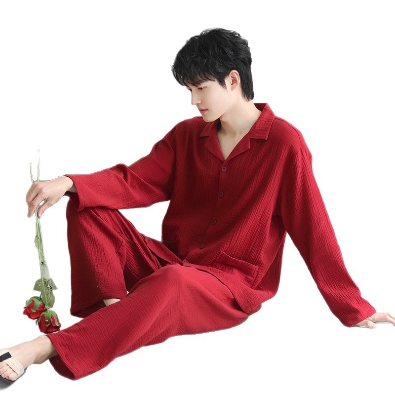 Muški pidžama u kardigan stilu, 100% pamuk, reverasti ovratnik, dugi rukavi, srednje težine 141-160 g/m², prozračan i udoban za dom i vanjsku upotrebu, pogodna za proljeće i jesen.