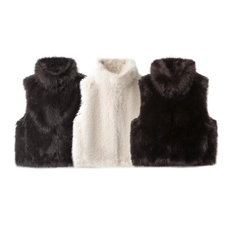 Ženska vesta s učinkom umjetnog krzna, zima 2025, stojeći ovratnik, bez rukava, ulični stil, Slim fit, tkanina: spandex, glavni materijal <30%, punilo poliester, zatvarač