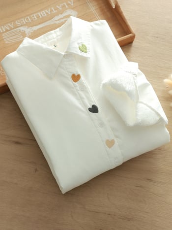 Ženska bijela pamučna košulja s flejs podstavom i šivanom motivom srca, umjetnički retro stil, dugi rukavi