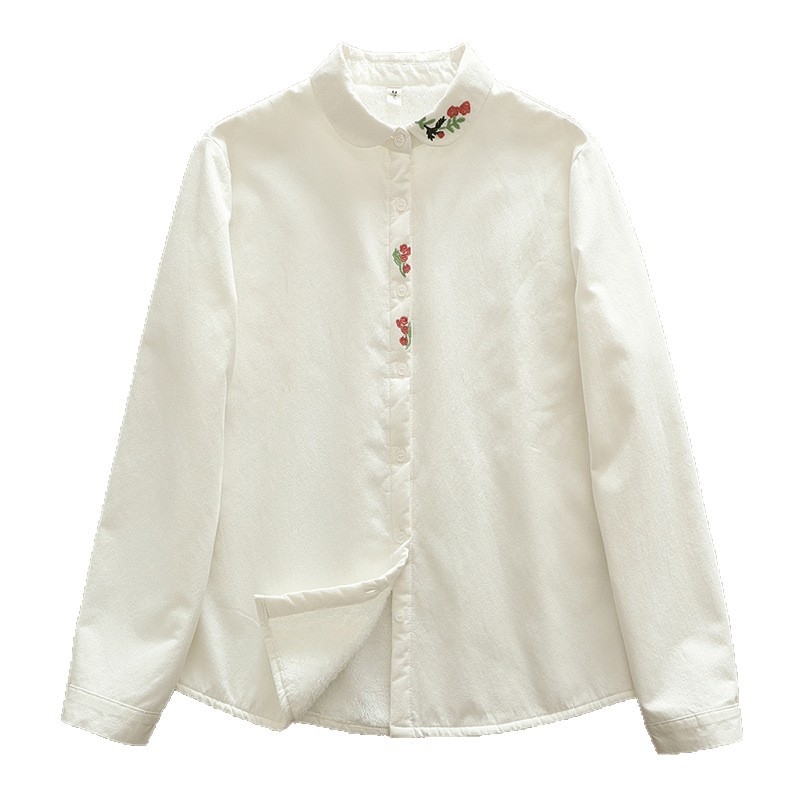 Pamučna bluza s vezom, dugi rukav, polo ovratnik, udoban kroj