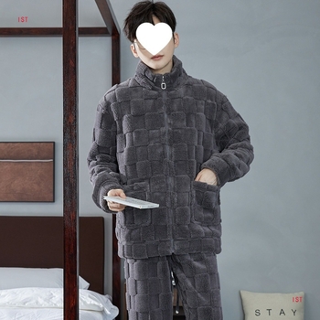 Pijama set od koralnog flisa, kardigan stil, ekstra debela tkanina, stojeći ovratnik, dugi rukavi