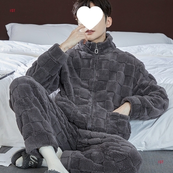 Pijama set od koralnog flisa, kardigan stil, ekstra debela tkanina, stojeći ovratnik, dugi rukavi