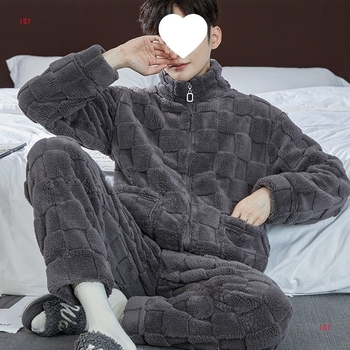 Pijama set od koralnog flisa, kardigan stil, ekstra debela tkanina, stojeći ovratnik, dugi rukavi