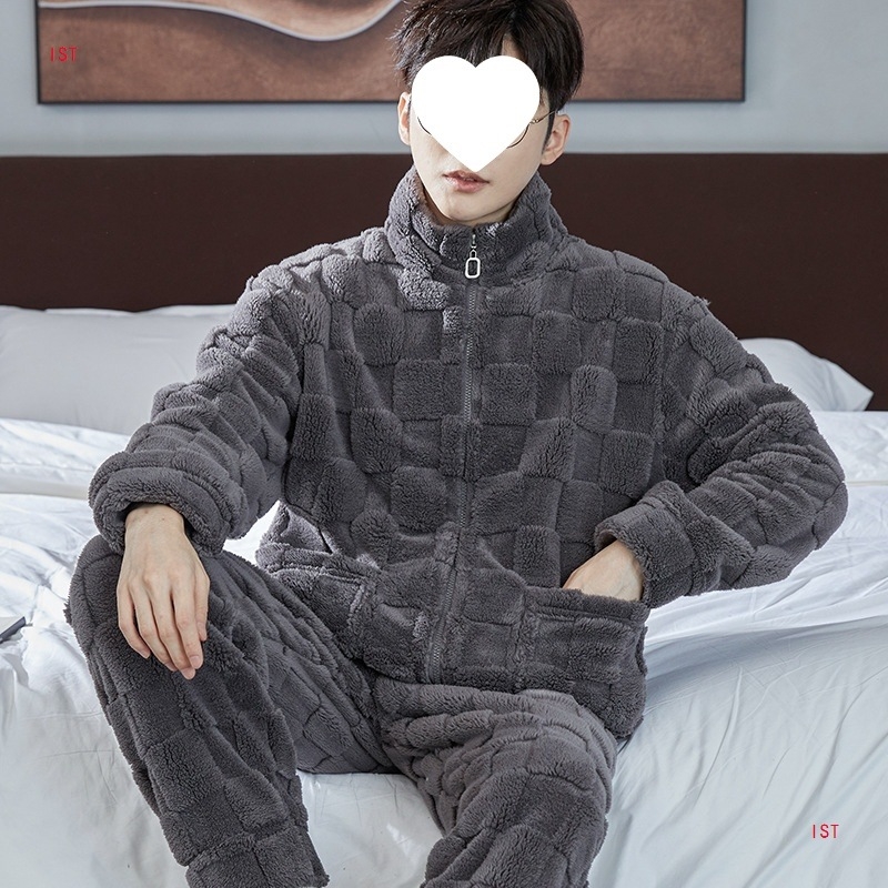 Pijama set od koralnog flisa, kardigan stil, ekstra debela tkanina, stojeći ovratnik, dugi rukavi