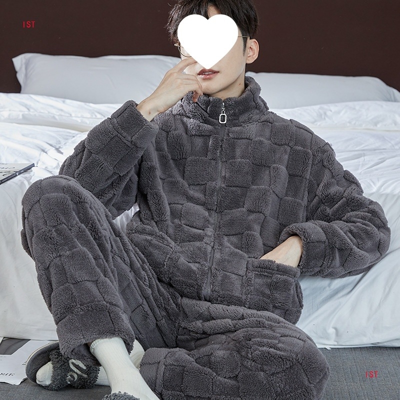 Pijama set od koralnog flisa, kardigan stil, ekstra debela tkanina, stojeći ovratnik, dugi rukavi