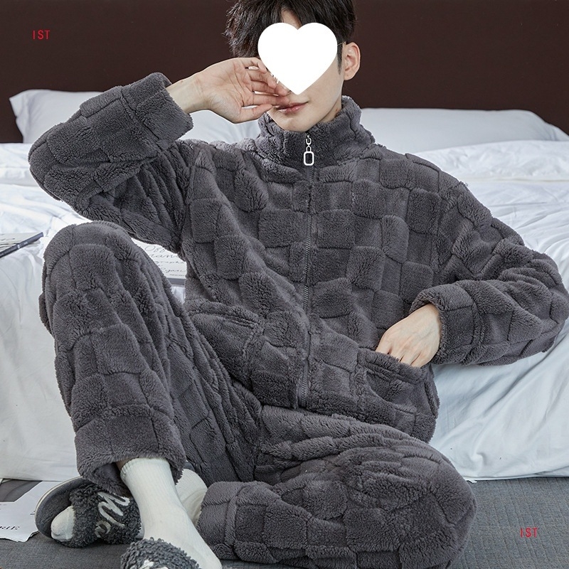 Pijama set od koralnog flisa, kardigan stil, ekstra debela tkanina, stojeći ovratnik, dugi rukavi