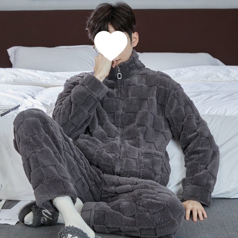 Pijama set od koralnog flisa, kardigan stil, ekstra debela tkanina, stojeći ovratnik, dugi rukavi