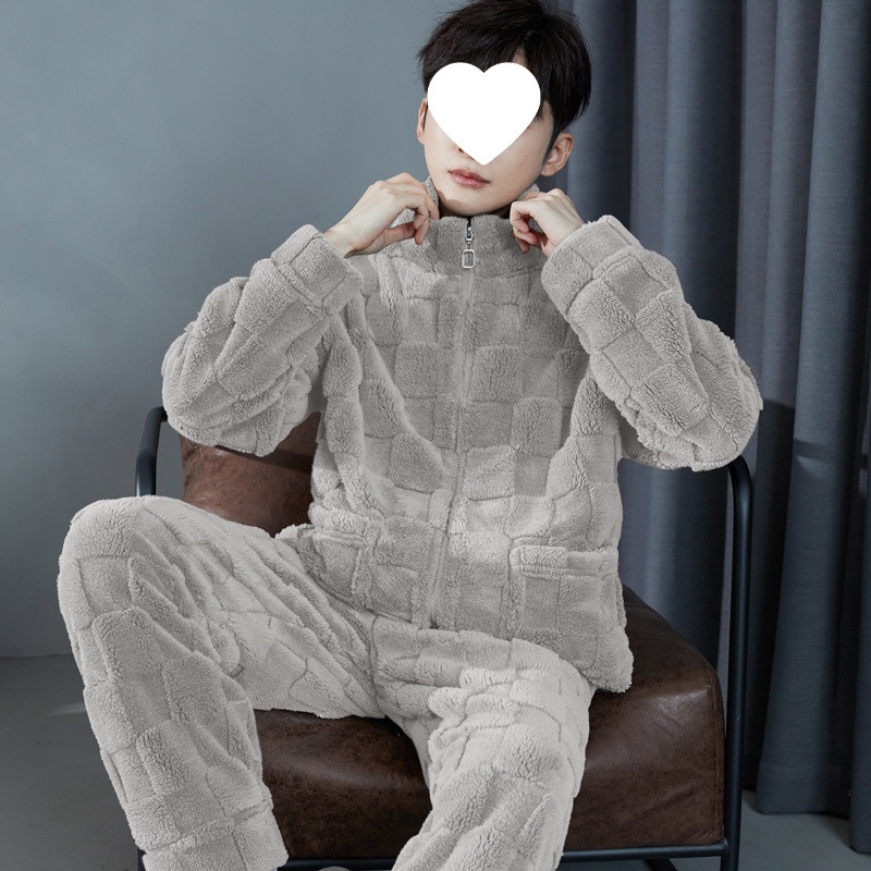 Pijama set od koralnog flisa, kardigan stil, ekstra debela tkanina, stojeći ovratnik, dugi rukavi