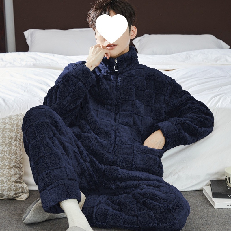 Pijama set od koralnog flisa, kardigan stil, ekstra debela tkanina, stojeći ovratnik, dugi rukavi