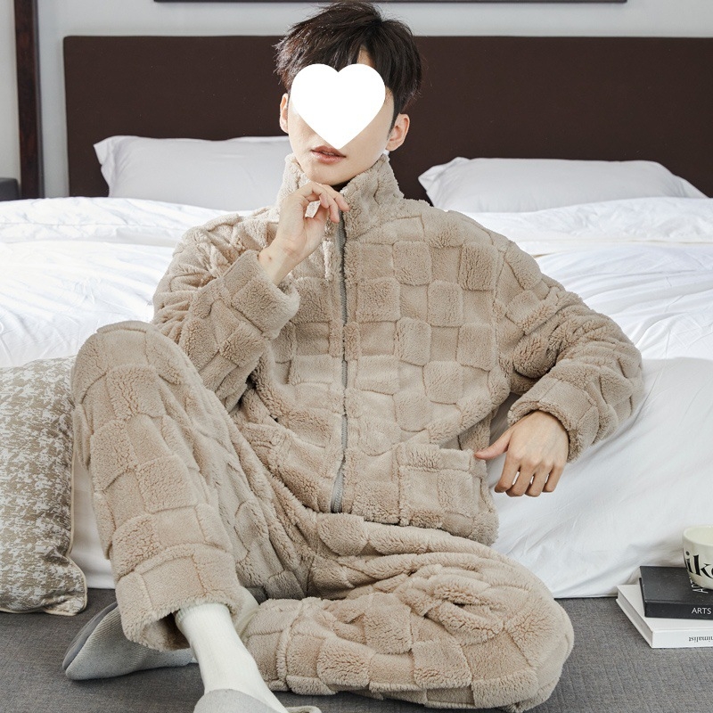 Pijama set od koralnog flisa, kardigan stil, ekstra debela tkanina, stojeći ovratnik, dugi rukavi