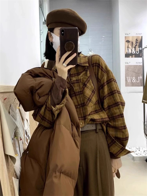 Pamukasta karirana košulja-kardigan, japansko-korejski stil, dugi rukavi, polo ovratnik, jednostruko kopčanje