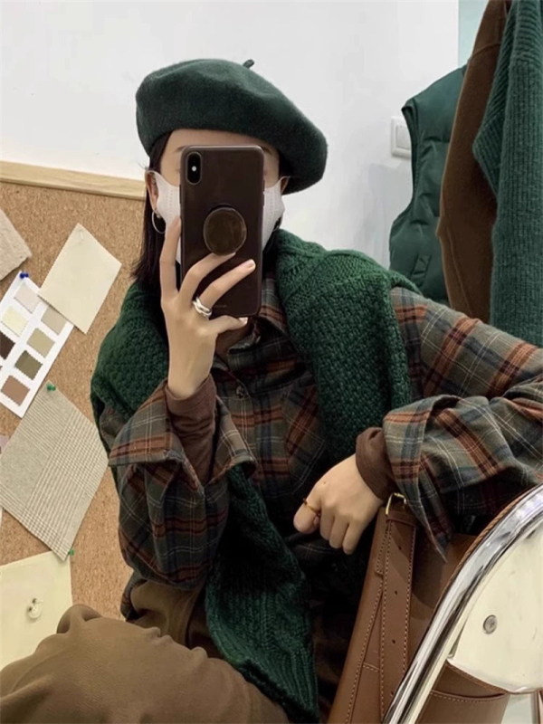 Pamukasta karirana košulja-kardigan, japansko-korejski stil, dugi rukavi, polo ovratnik, jednostruko kopčanje
