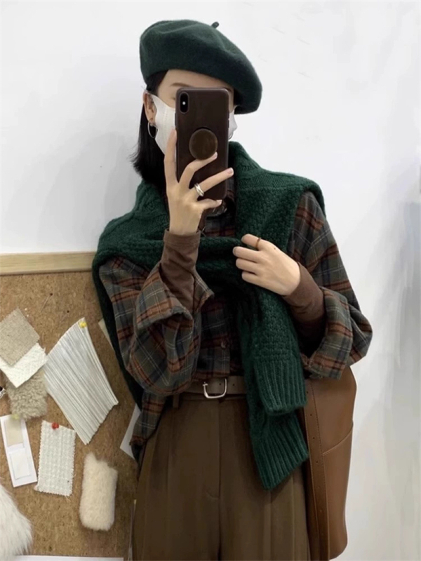Pamukasta karirana košulja-kardigan, japansko-korejski stil, dugi rukavi, polo ovratnik, jednostruko kopčanje