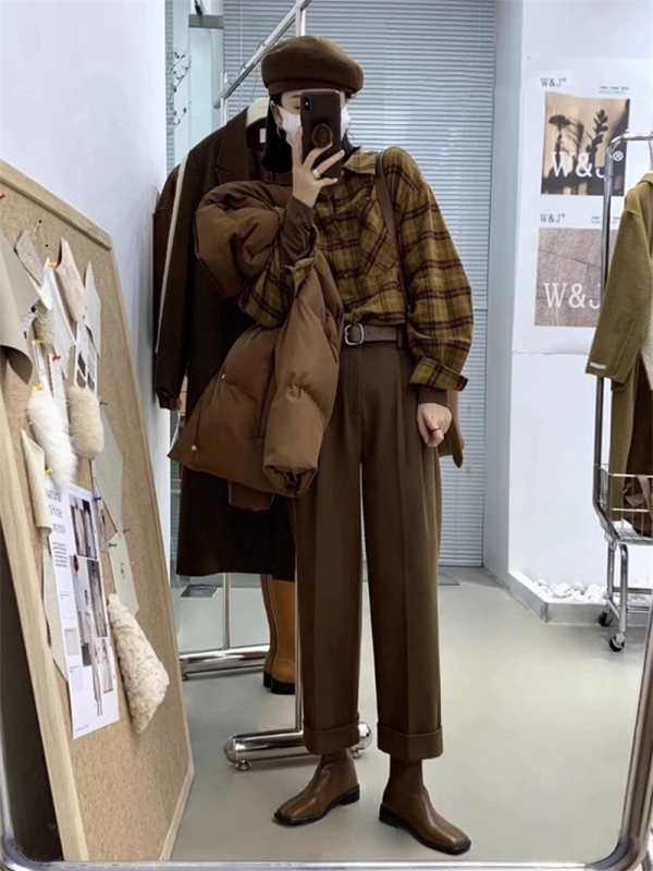 Pamukasta karirana košulja-kardigan, japansko-korejski stil, dugi rukavi, polo ovratnik, jednostruko kopčanje