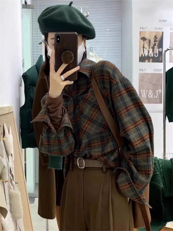 Pamukasta karirana košulja-kardigan, japansko-korejski stil, dugi rukavi, polo ovratnik, jednostruko kopčanje