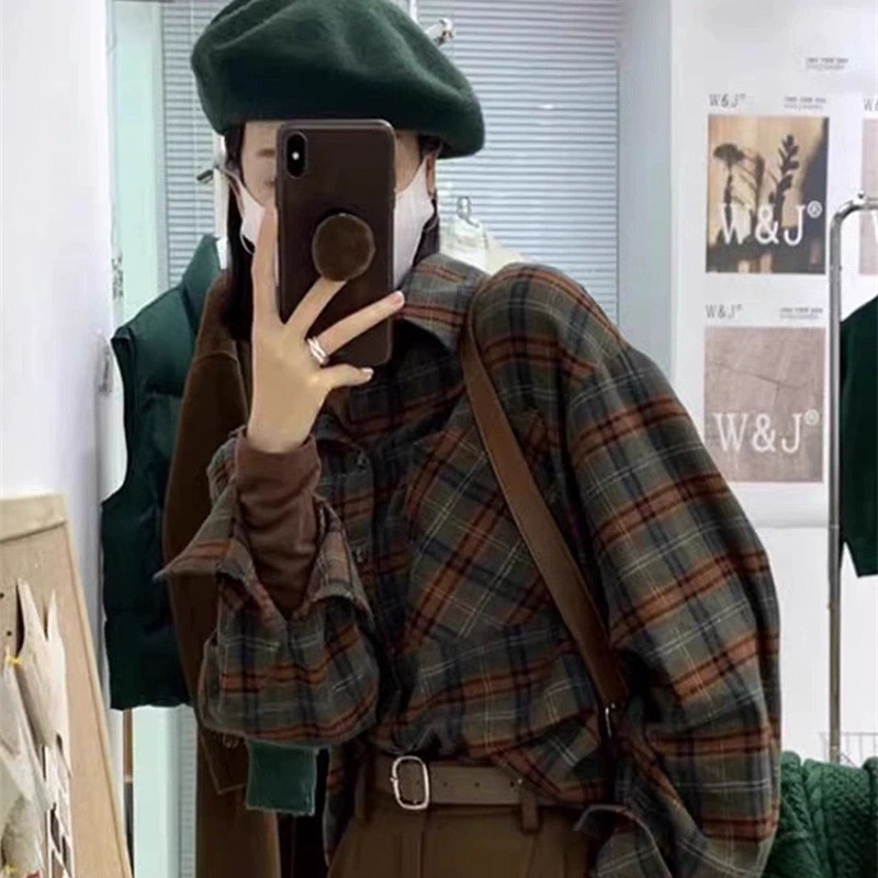 Pamukasta karirana košulja-kardigan, japansko-korejski stil, dugi rukavi, polo ovratnik, jednostruko kopčanje