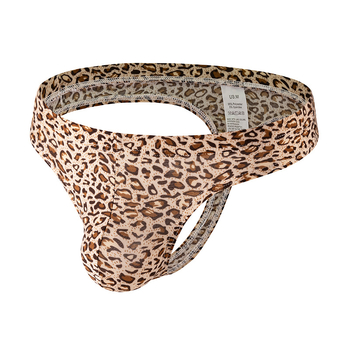 Chiloți tip thong pentru bărbați – imprimeu leopard, țesătură tricotată din poliester, talie joasă, material principal 90–95% poliester, căptușeală la zona intima 90–95% poliester