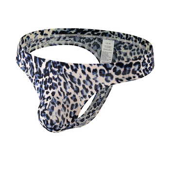 Chiloți tip thong pentru bărbați – imprimeu leopard, țesătură tricotată din poliester, talie joasă, material principal 90–95% poliester, căptușeală la zona intima 90–95% poliester
