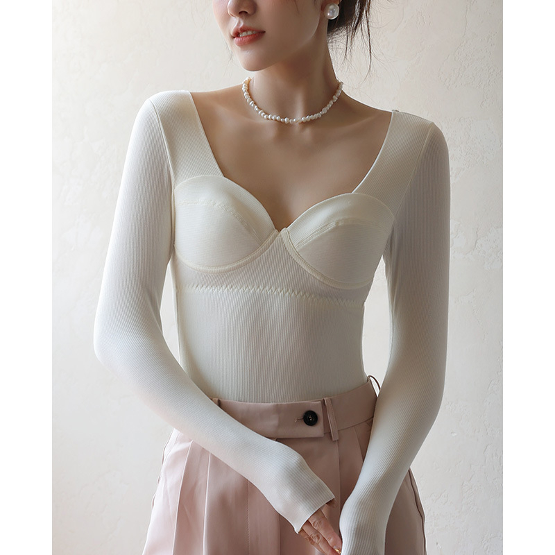 Женски термален базов топ с вградена чашка, V-образно деколте, дълги ръкави, смес вискоза-акрил-спандекс, средно тегло