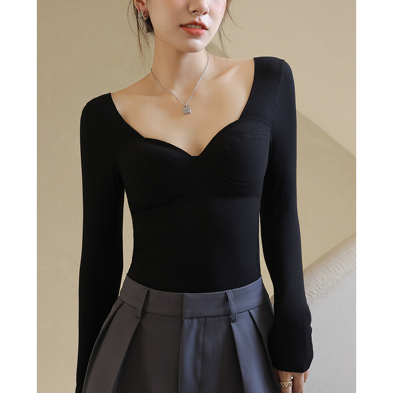 Женски термален базов топ с вградена чашка, V-образно деколте, дълги ръкави, смес вискоза-акрил-спандекс, средно тегло