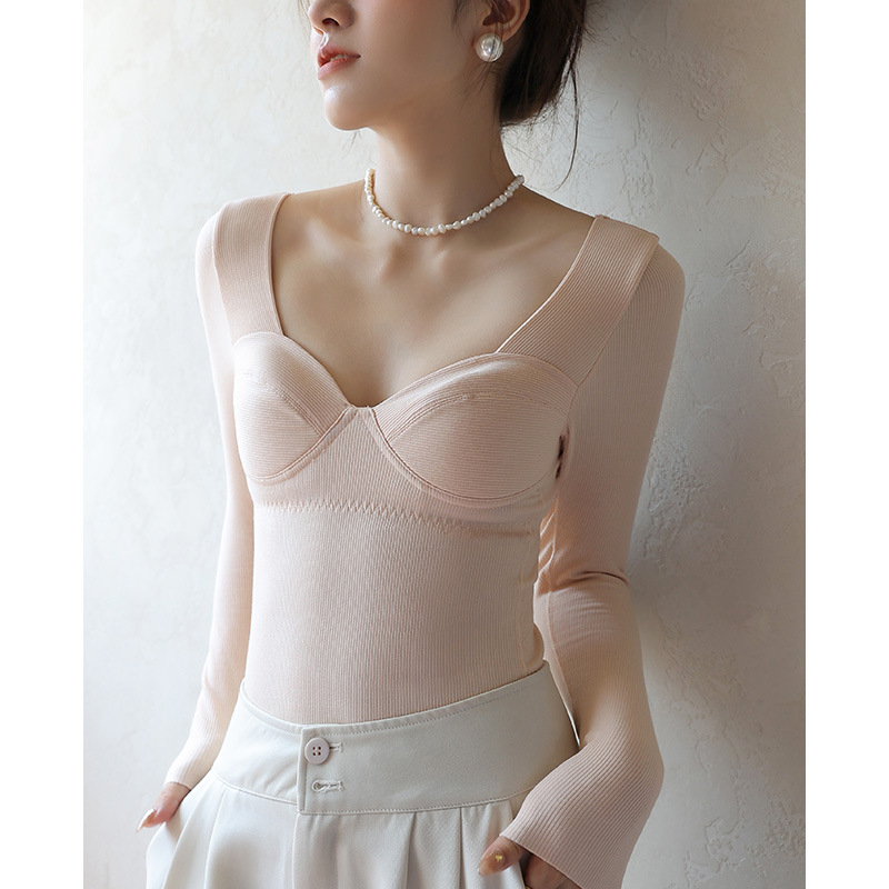 Женски термален базов топ с вградена чашка, V-образно деколте, дълги ръкави, смес вискоза-акрил-спандекс, средно тегло