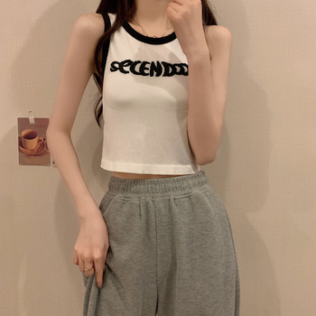 Mujuya ženski pamučni top bez rukava, slim-fit, kratka duljina, uzorak slova