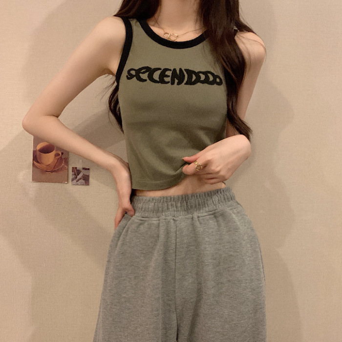 Mujuya ženski pamučni top bez rukava, slim-fit, kratka duljina, uzorak slova
