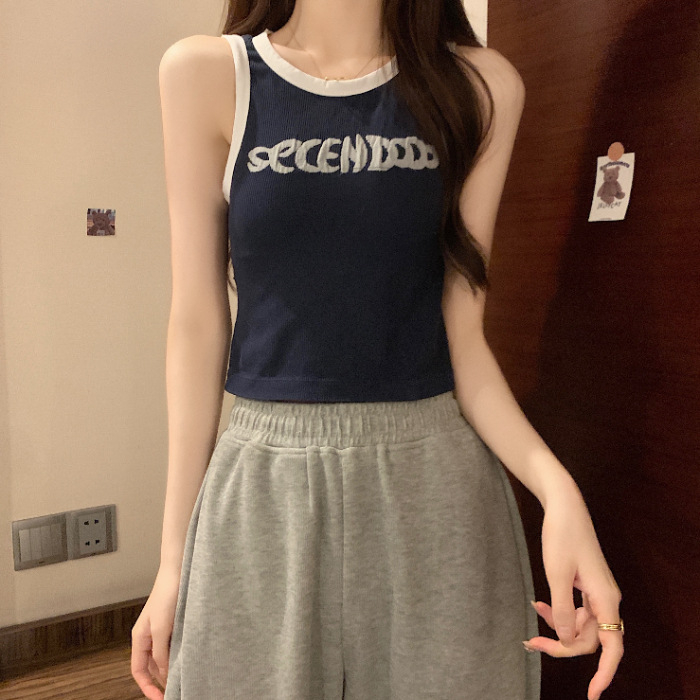 Mujuya ženski pamučni top bez rukava, slim-fit, kratka duljina, uzorak slova
