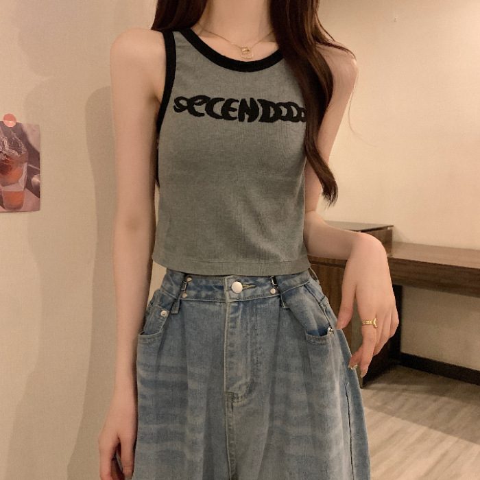 Mujuya ženski pamučni top bez rukava, slim-fit, kratka duljina, uzorak slova