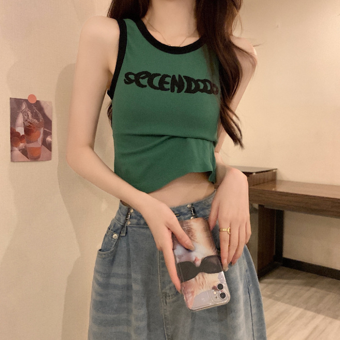 Mujuya ženski pamučni top bez rukava, slim-fit, kratka duljina, uzorak slova