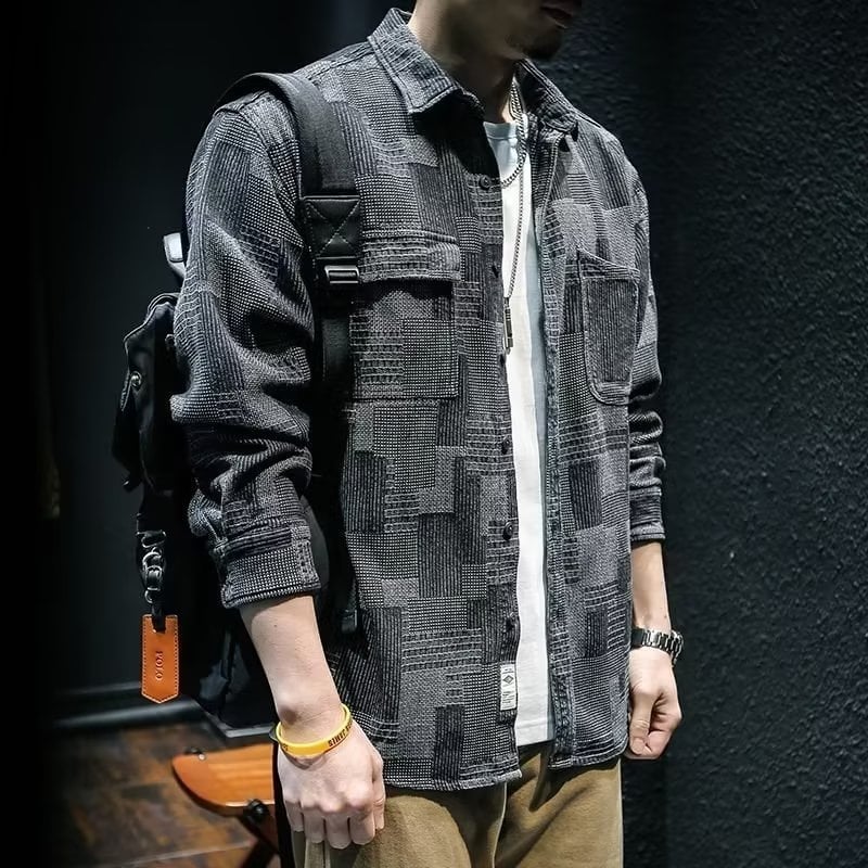 Muška košulja s dugim rukavima, ovratnik lapel, ležerni kroj, jednobojna tkanina, poliester 70% smjesa, džep dekor