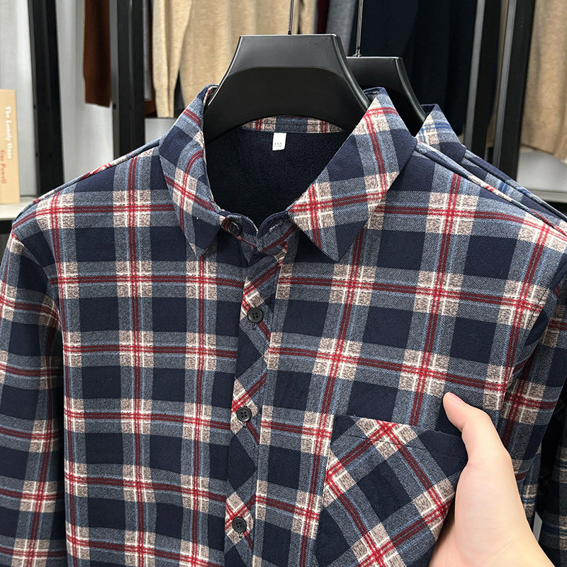 Muška karirana košulja s flis podstavom, rever ovratnik, udoban kroj, dugi rukav, retro stil, jesen-zima