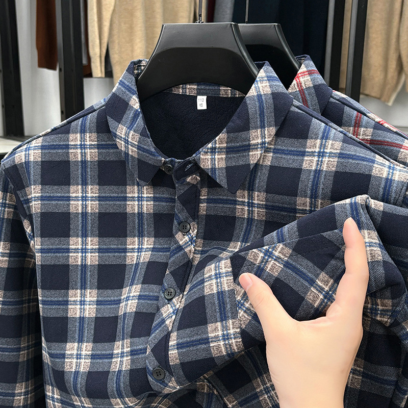 Muška karirana košulja s flis podstavom, rever ovratnik, udoban kroj, dugi rukav, retro stil, jesen-zima