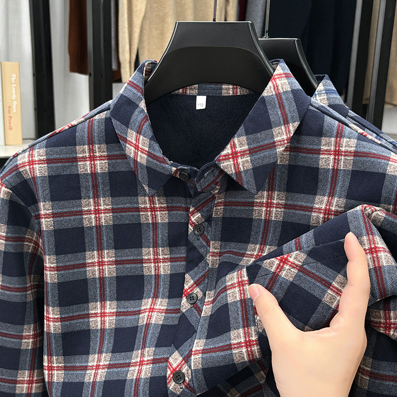 Muška karirana košulja s flis podstavom, rever ovratnik, udoban kroj, dugi rukav, retro stil, jesen-zima