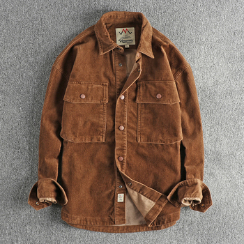 Muška košulja od korduroja, debeli zimski model, dugi rukav, slobodan kroj, džepovi s patch detaljima, šiljasti ovratnik, 100% pamuk