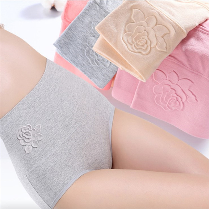 Chiloți femei din bumbac, talie medie, model 3D relief lotus, ridicare a posteriorului și modelare a corpului