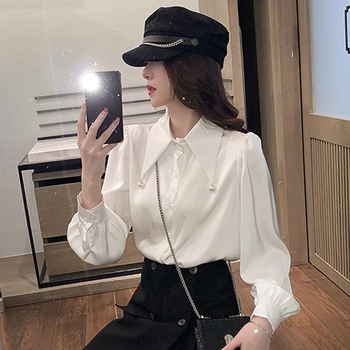 Bijela ženska bluza s flis podstavom, dugi rukavi, jesensko-zimski top u francuskom stilu s jedinstvenim dizajnom, profesionalna i elegantna.