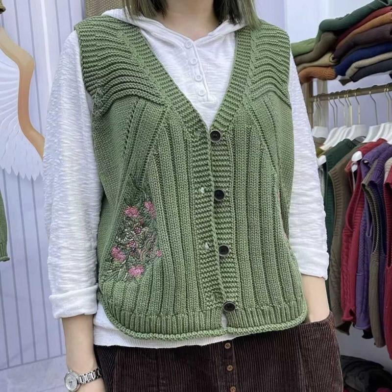 Ženski pleteni gilet s V izrezom i izvezenim detaljima, udoban ležeran stil za jesen-zimu