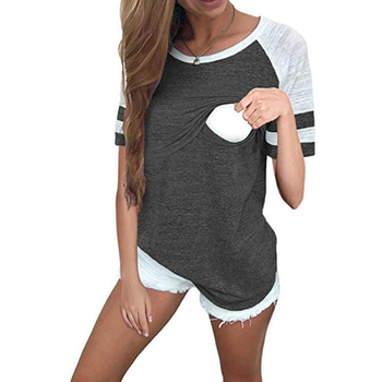 Nėštumo maitinančio marškinėliai su Raglan rankovėmis, apvalus kaklo iškirpimas, vidutinio ilgio, medvilnės-elastano mišinio, žindymo atidarymas