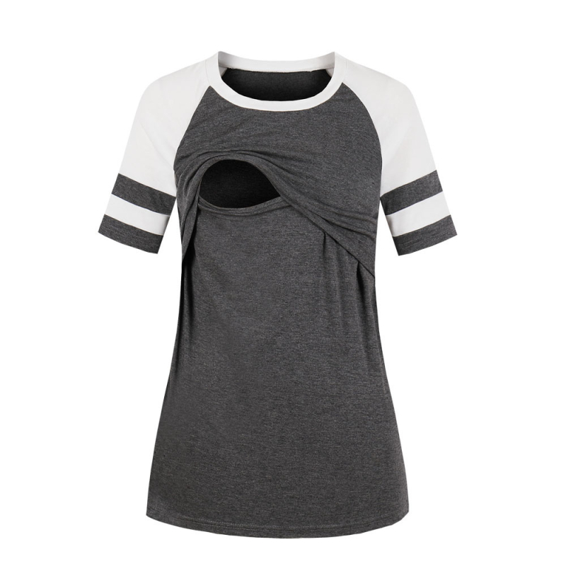 Nėštumo maitinančio marškinėliai su Raglan rankovėmis, apvalus kaklo iškirpimas, vidutinio ilgio, medvilnės-elastano mišinio, žindymo atidarymas