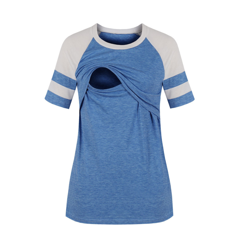 Nėštumo maitinančio marškinėliai su Raglan rankovėmis, apvalus kaklo iškirpimas, vidutinio ilgio, medvilnės-elastano mišinio, žindymo atidarymas